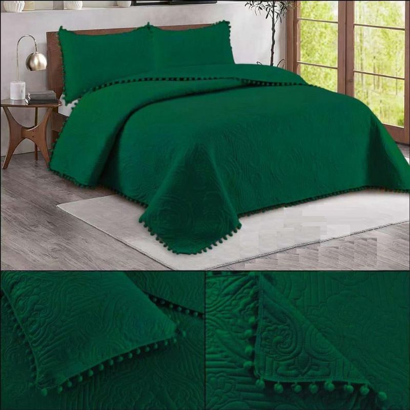 GENERICO - cubrecama verde de verano con pompon king unicolor wym