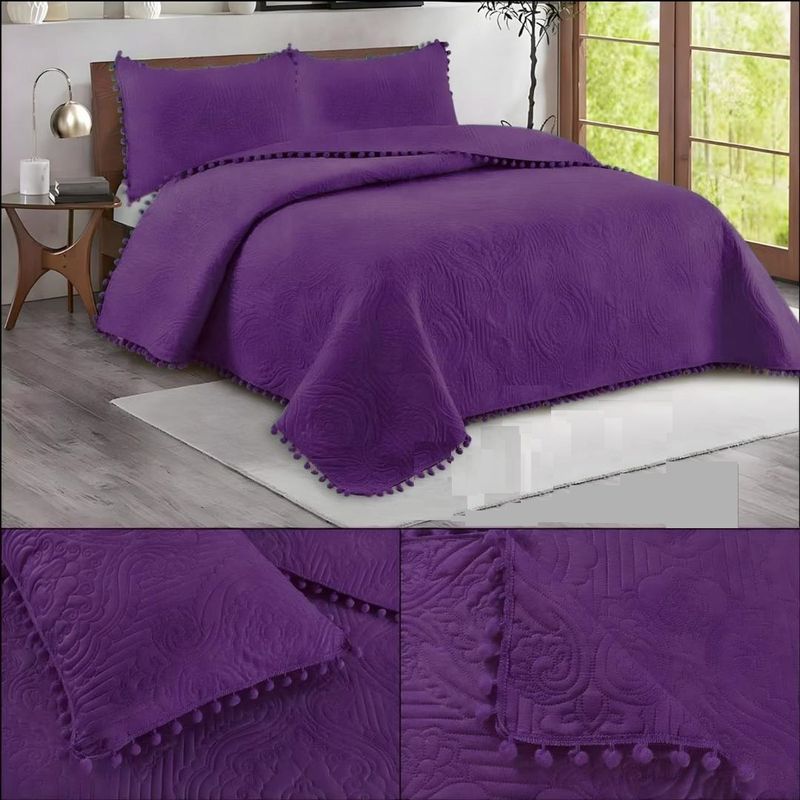 GENERICO - cubrecama morado  de verano con pompon king unicolor wym