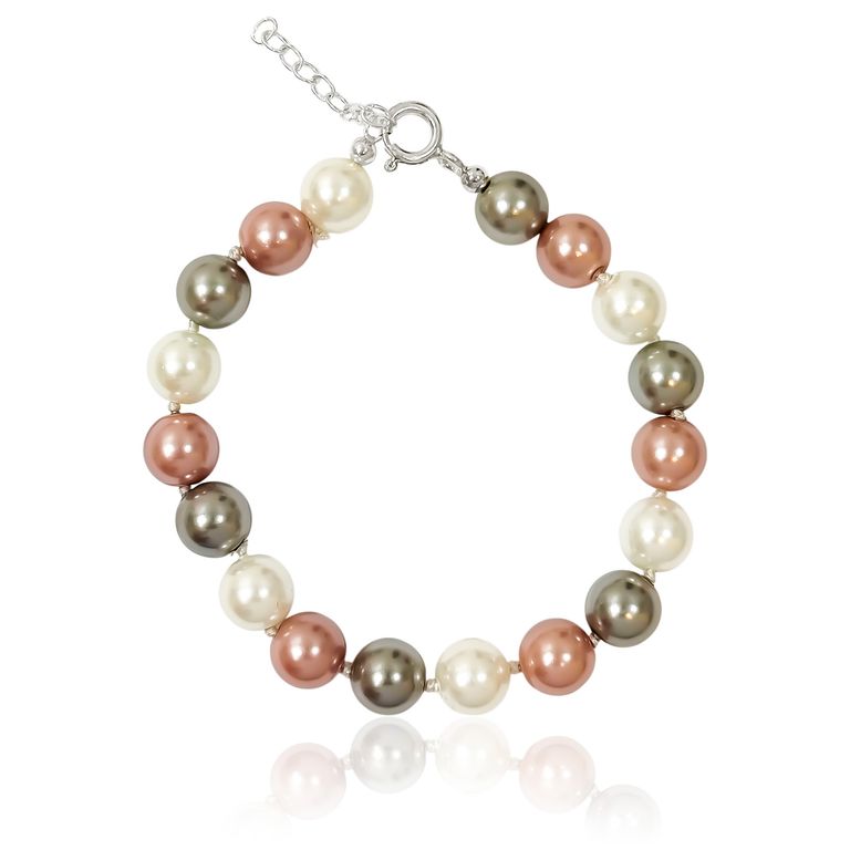 Pulsera Perla Shellpearl Gris Blanco Rosado 8mm Plata Fina 925 Plateado TALLA UNICA