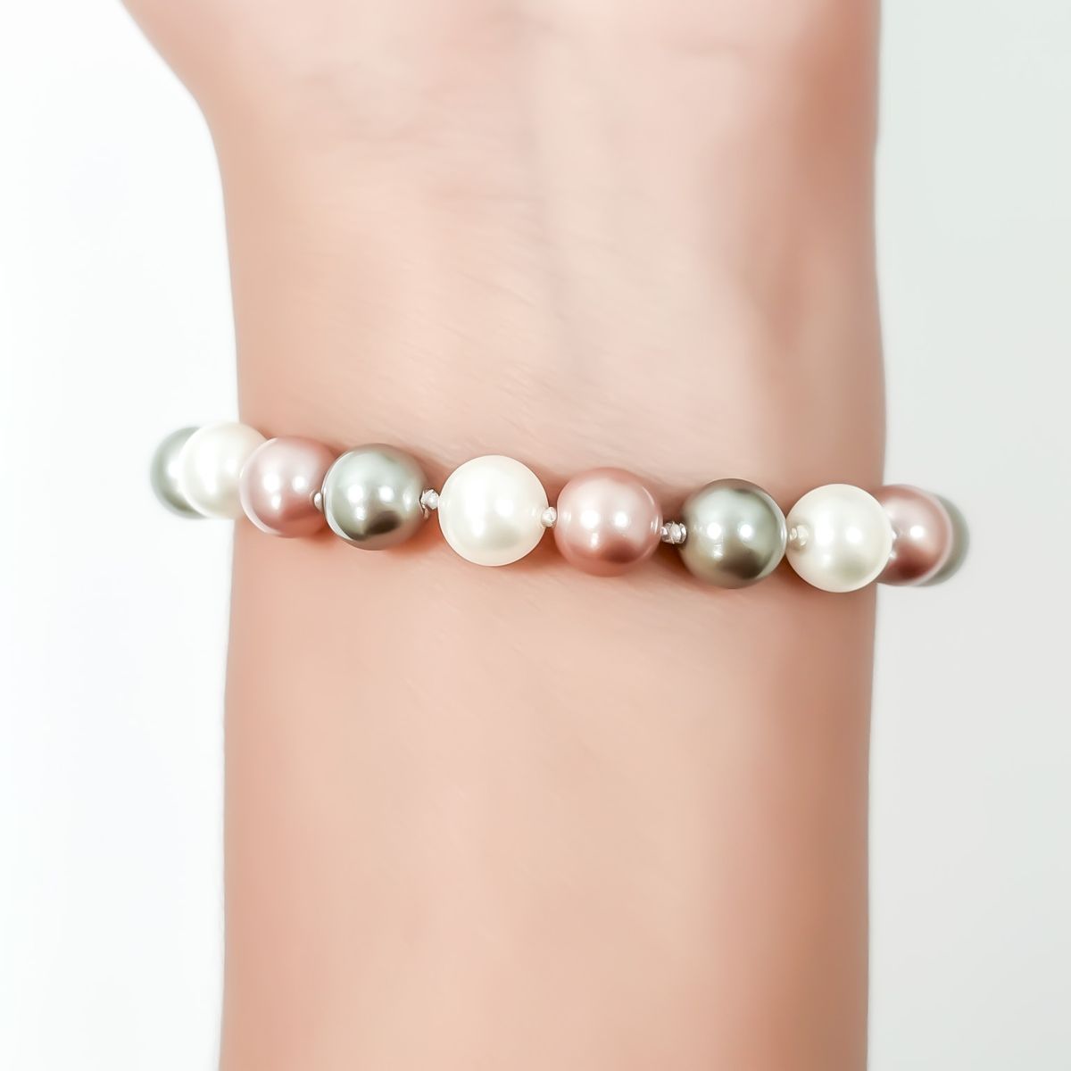 COGGIOLA - Pulsera Perla Shellpearl Gris Blanco Rosado 8mm Plata Fina 925