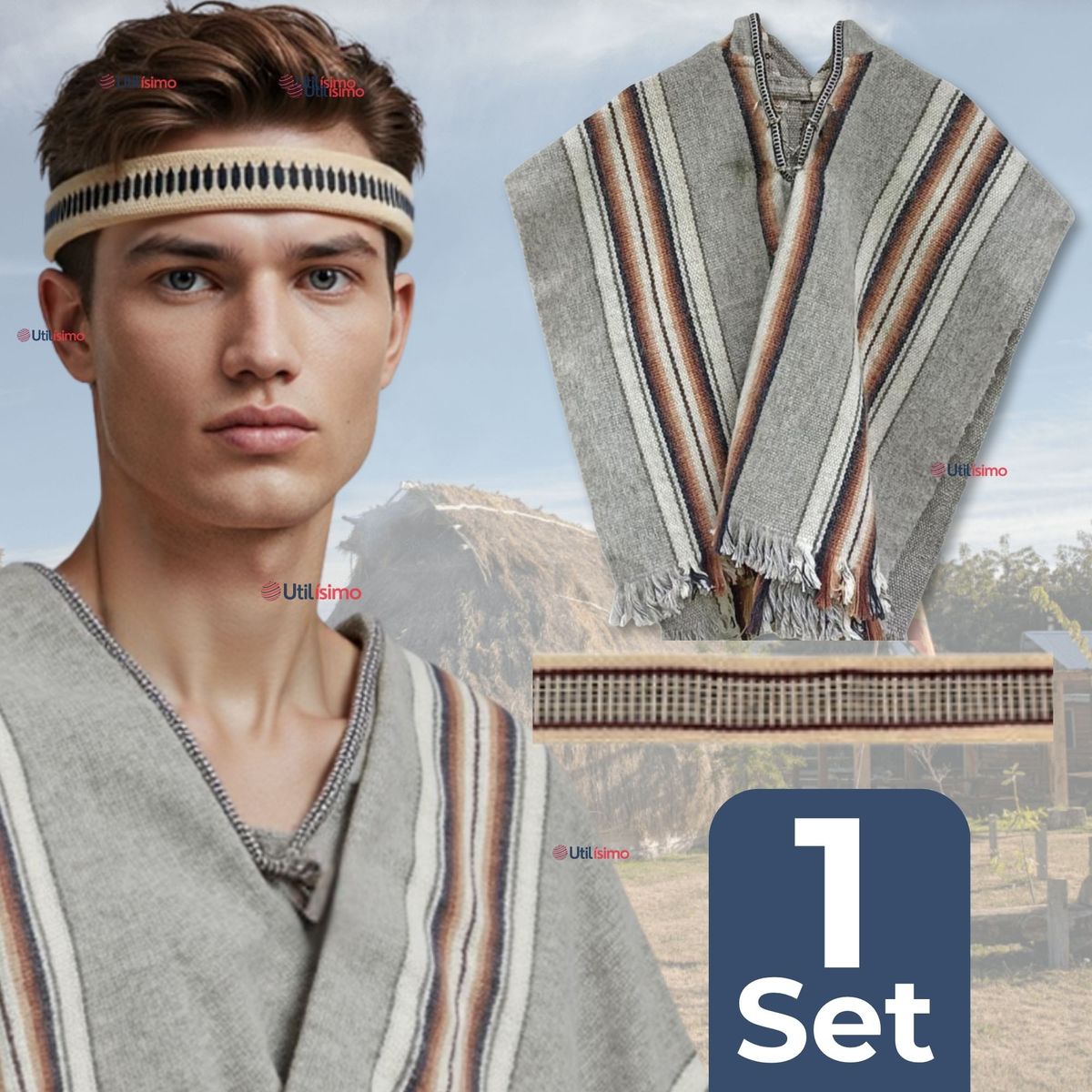 UTILISIMO - Set Poncho Mapuche +Trarilonco Fiestas Patrias Manta Cintillo