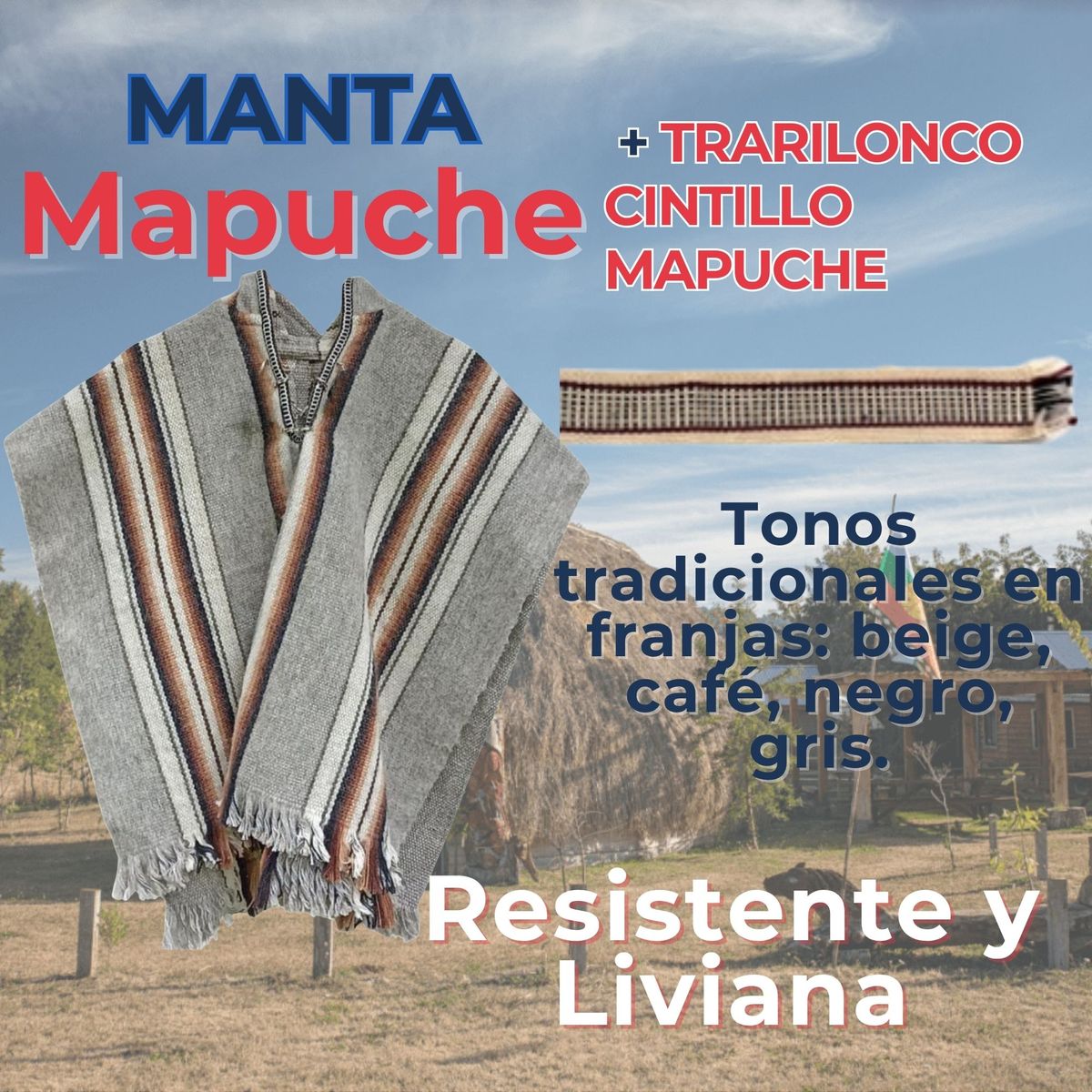 UTILISIMO - Set Poncho Mapuche +Trarilonco Fiestas Patrias Manta Cintillo