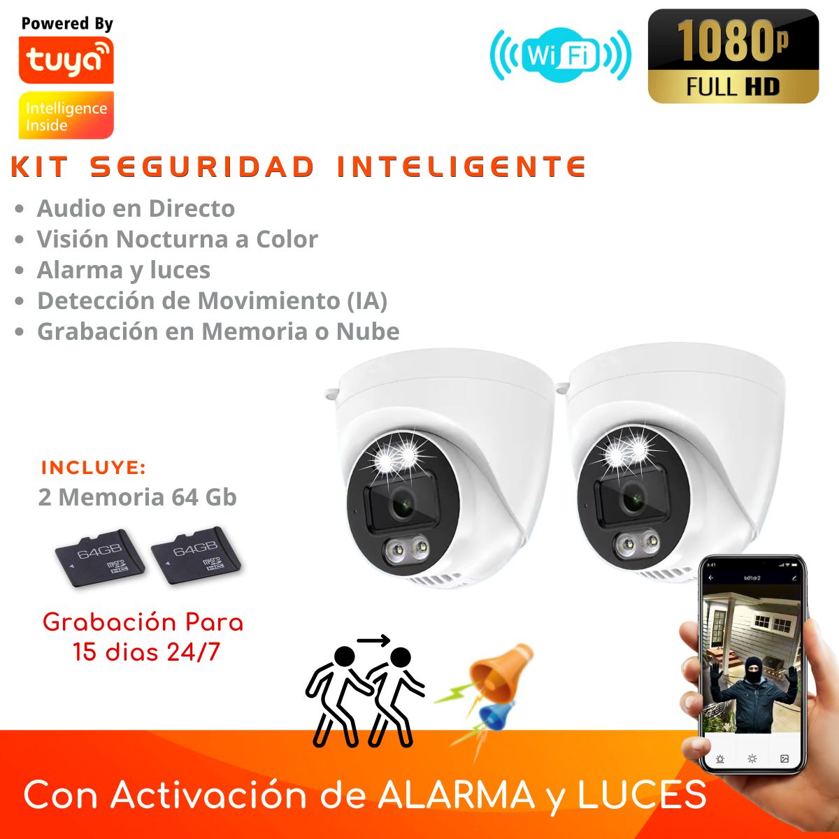 D MOTICA - Kit 2 Cámara Wifi Inteligente Full HD-Audio-Detección Movimiento + Memorias