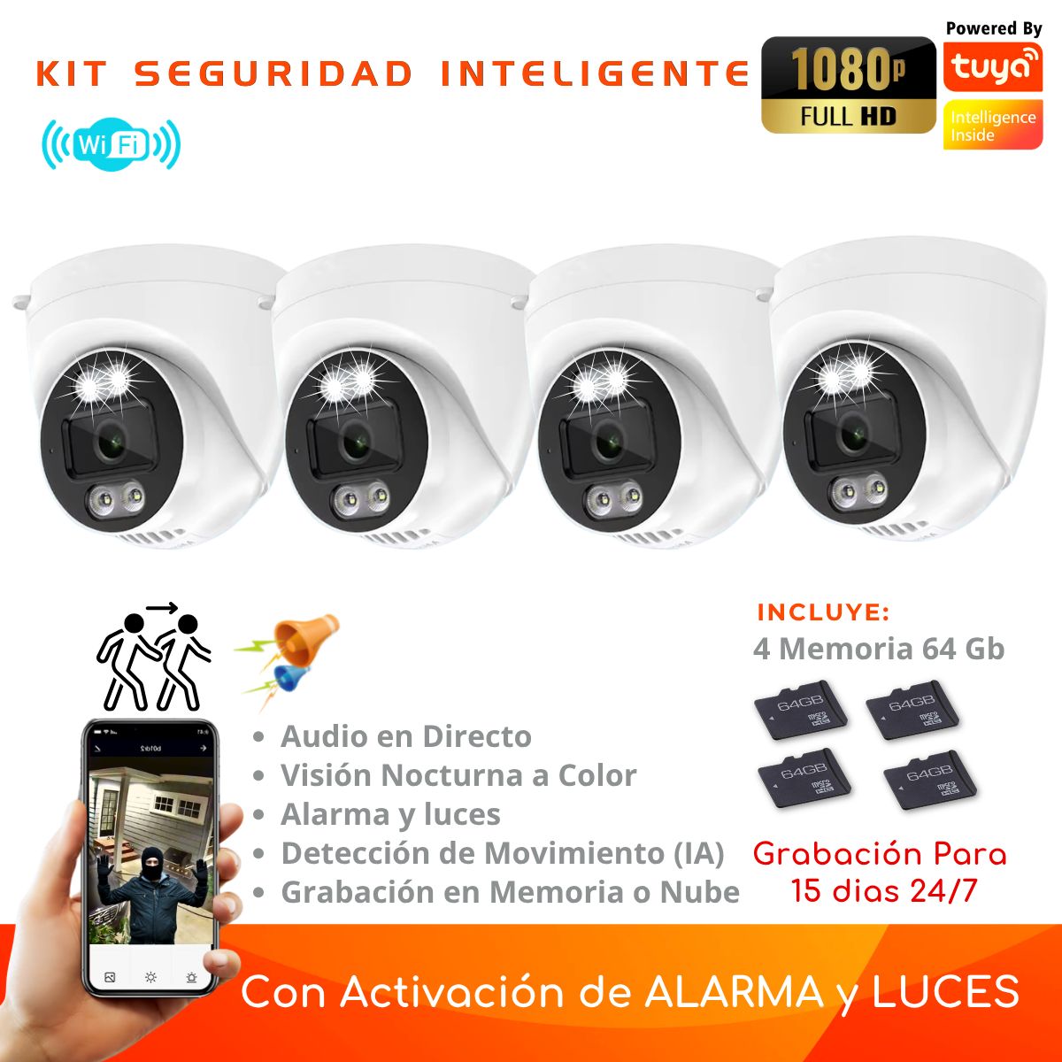 Kit 4 Cámara Wifi Inteligente Full HD-Audio-Detección Movimiento + Memorias, marca D MOTICA - Foto Principal