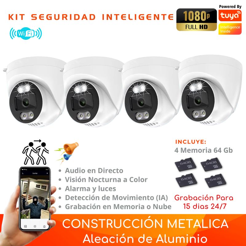 D MOTICA - Kit 4 Cámara Wifi Inteligente Full HD-Audio-Detección Movimiento + Memorias