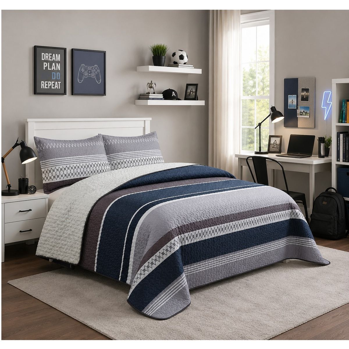 COMPRAPO - Cubrecama Quilt Juvenil Sherpa 2 Plazas Modelo Urban Gray and Blue