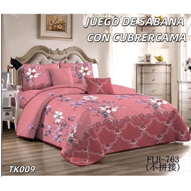GENERICO - Quilt con Juego de Sabanas King Rosado TK009