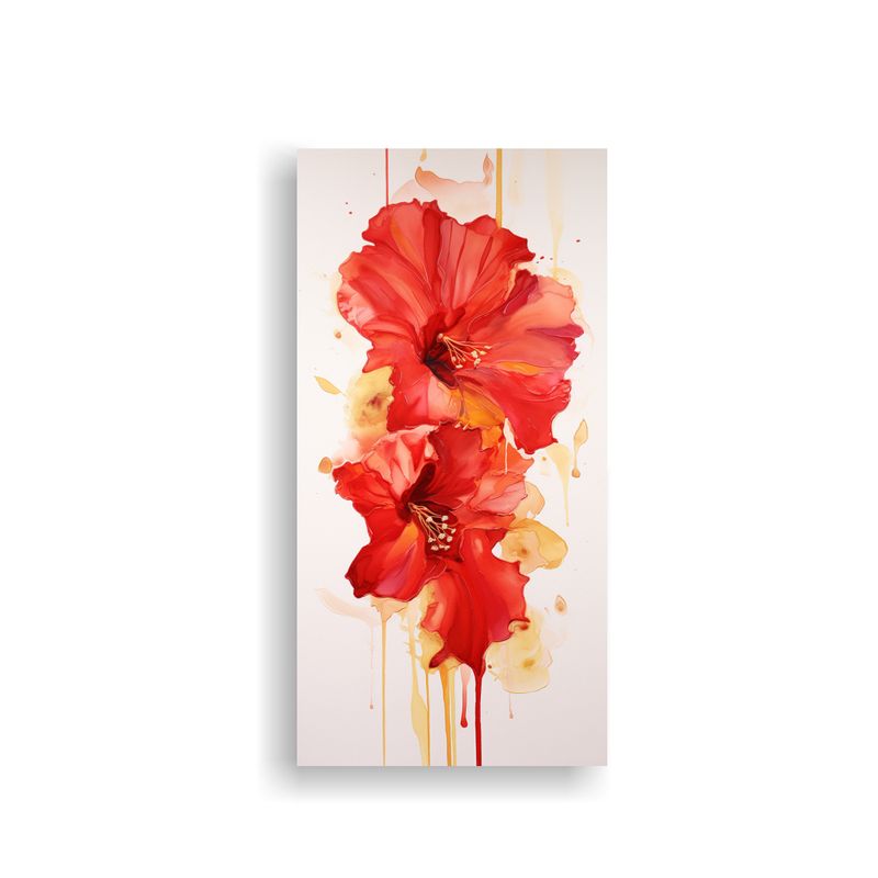 GENERICO - Pintura Abstracta De Hibiscos En Rojo Y Dorado De 50x100 Cm