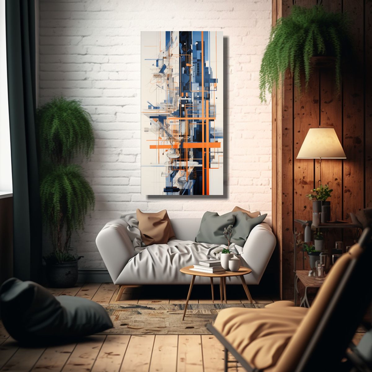 GENERICO - Pintura Abstracta Lineal Con Naranja E Índigo 20x40 Cm