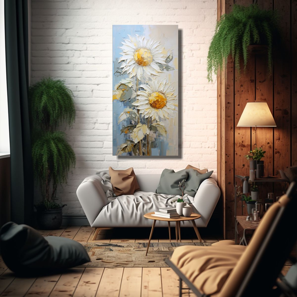 GENERICO - Pintura Al óleo De Girasoles Blancos Sobre 50x100 Cm