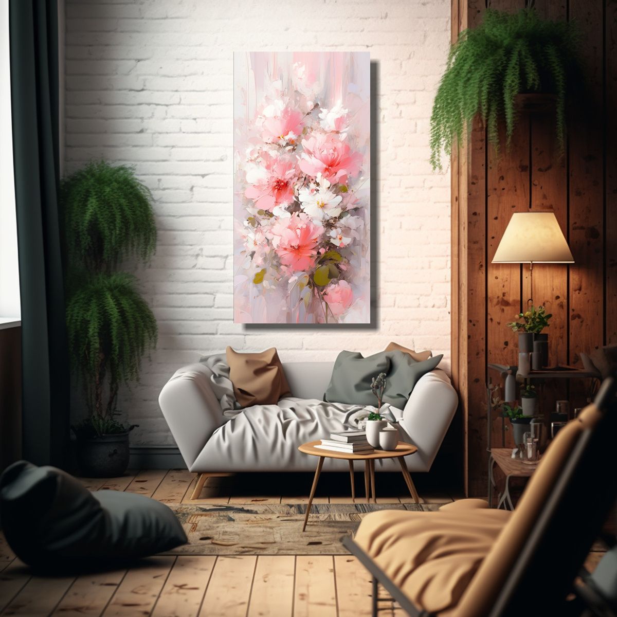 GENERICO - Pintura Abstracta Elegancia Flores Blancas Y 40x80 Cm