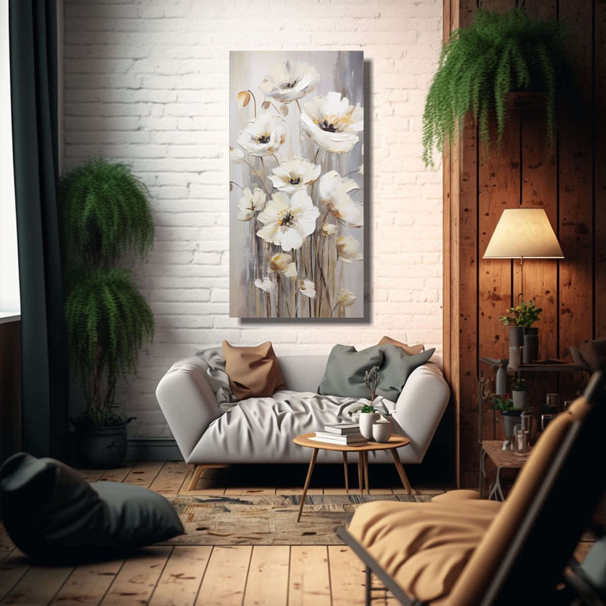 GENERICO - Cuadro Pintura Blanca De Amapolas En Lienzo 60x120 Cm