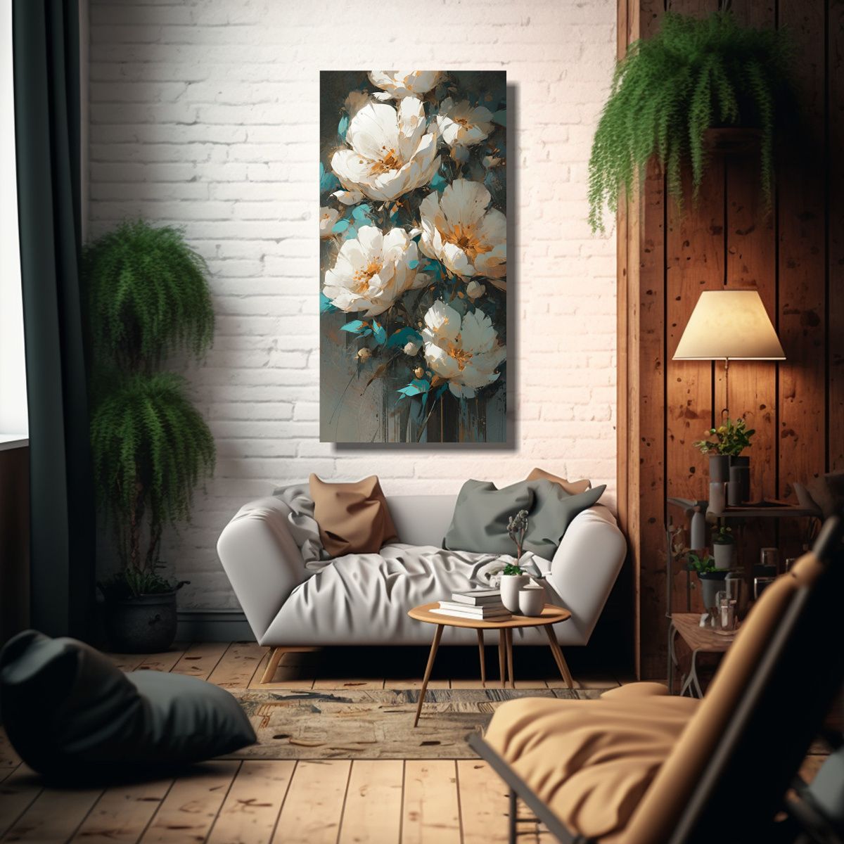 GENERICO - Pintura En Lienzo De Flores Turquesa Y Dorado Con 30x60 Cm