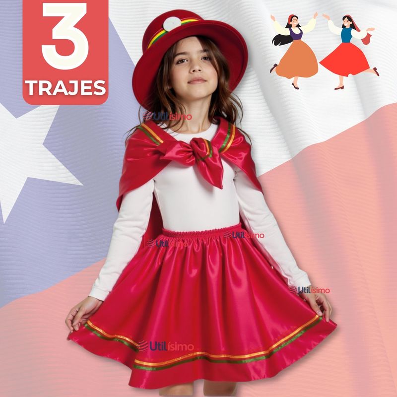 UTILISIMO - Pack 3 Traje Nortino Rojo 3 Piezas Niña Fiestas Patrias Baile Nortino