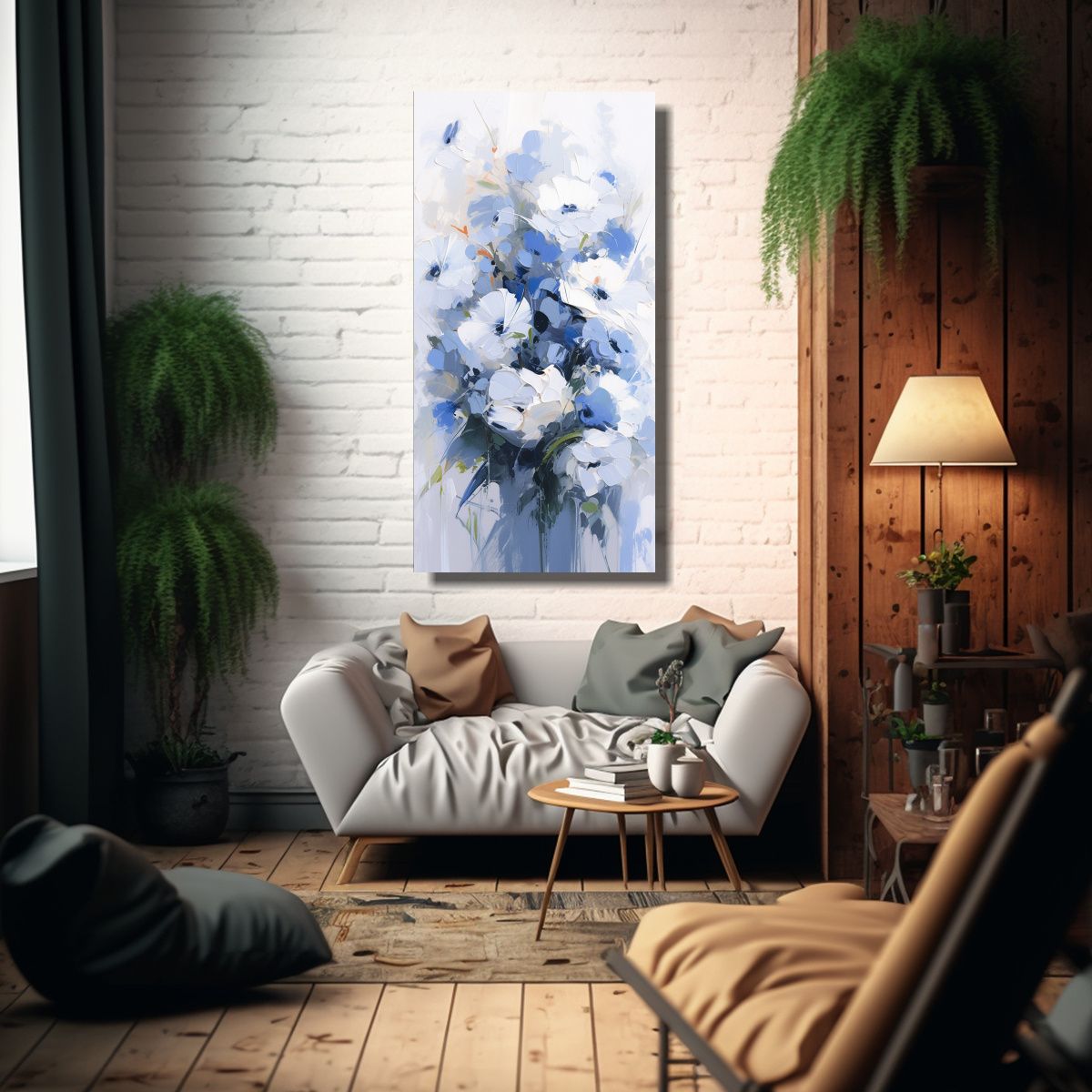 GENERICO - Pintura En Lienzo De Flores Blancas Y Azules En 30x60 Cm