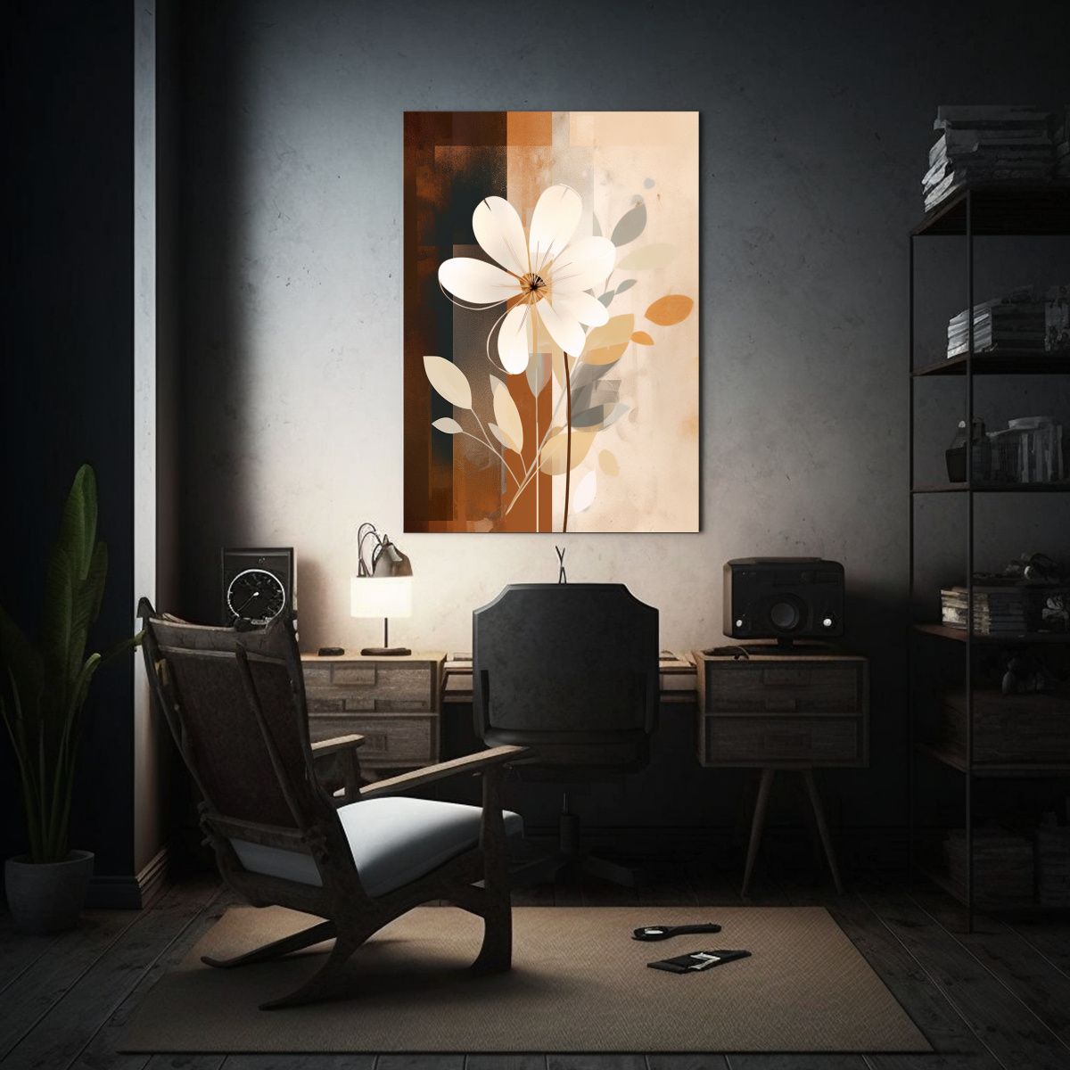 GENERICO - Pintura Acuarela De Flor Blanca En Fondo Marrón 80x120 Cm.