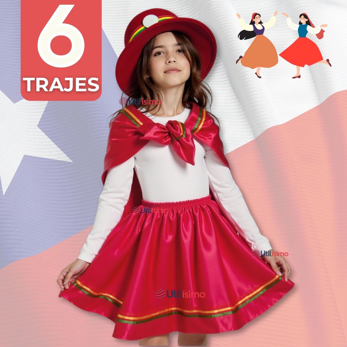 UTILISIMO - Pack 6 Traje Nortino Rojo 3 Piezas Niña Fiestas Patrias Baile Nortino