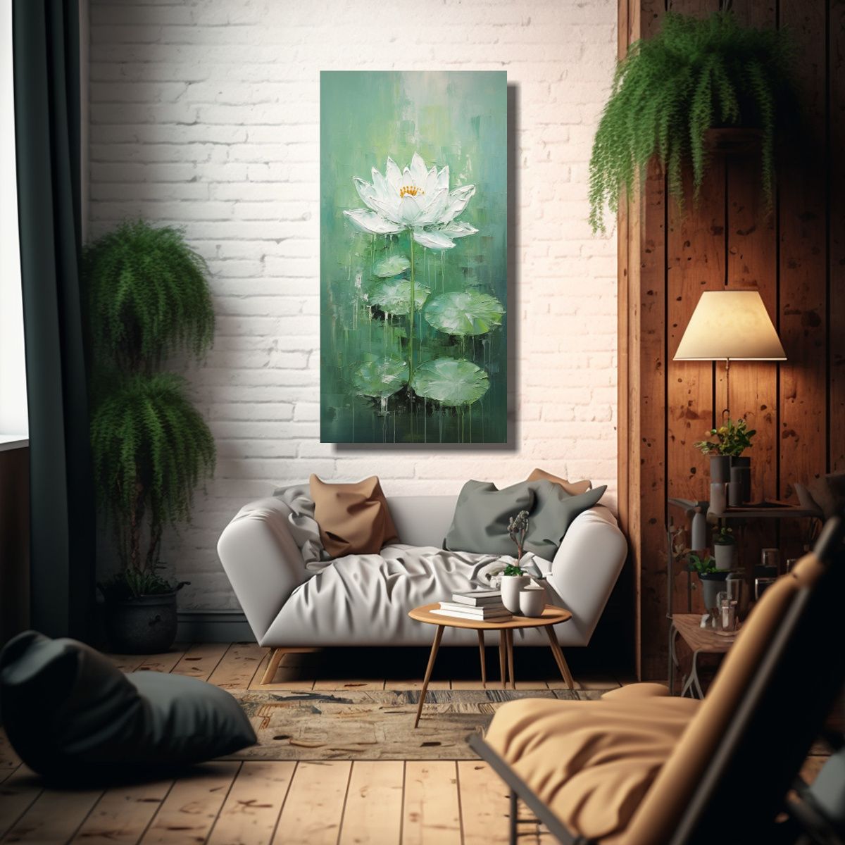 GENERICO - Pintura Dinámica De Loto Verde En Lienzo Al 80x160 Cm