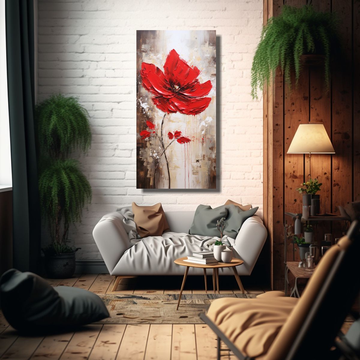 GENERICO - Cuadro De Flores Rojas En Lienzo En El Estilo De 70x140 Cm