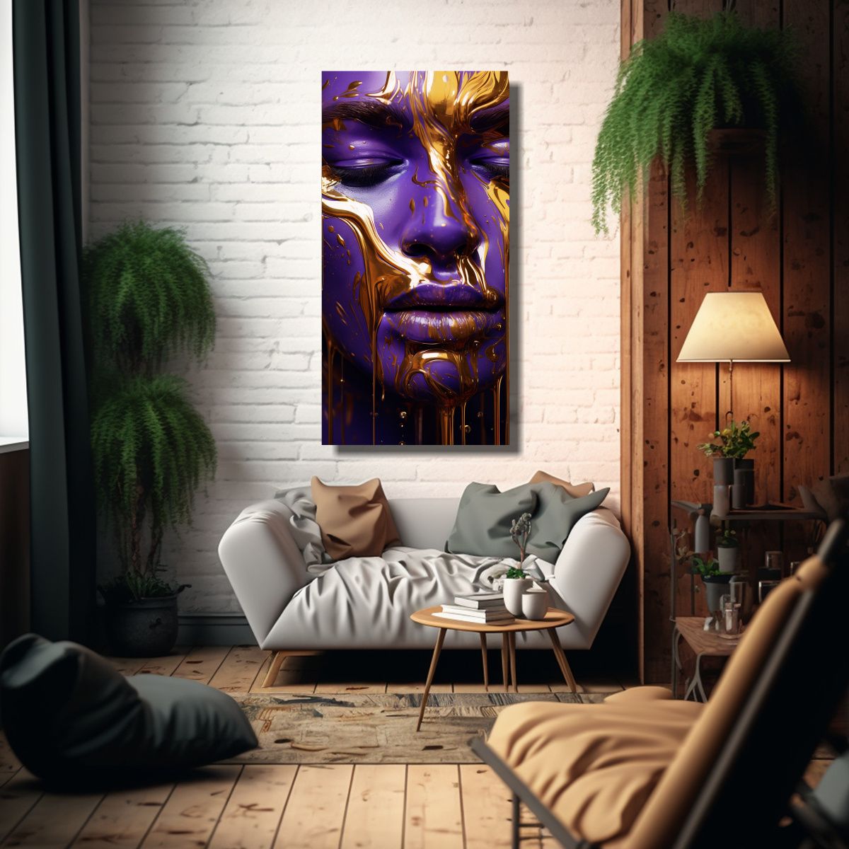 GENERICO - Cuadro Abstracción En Estilo Dorado Y Morado 80x160 Cm