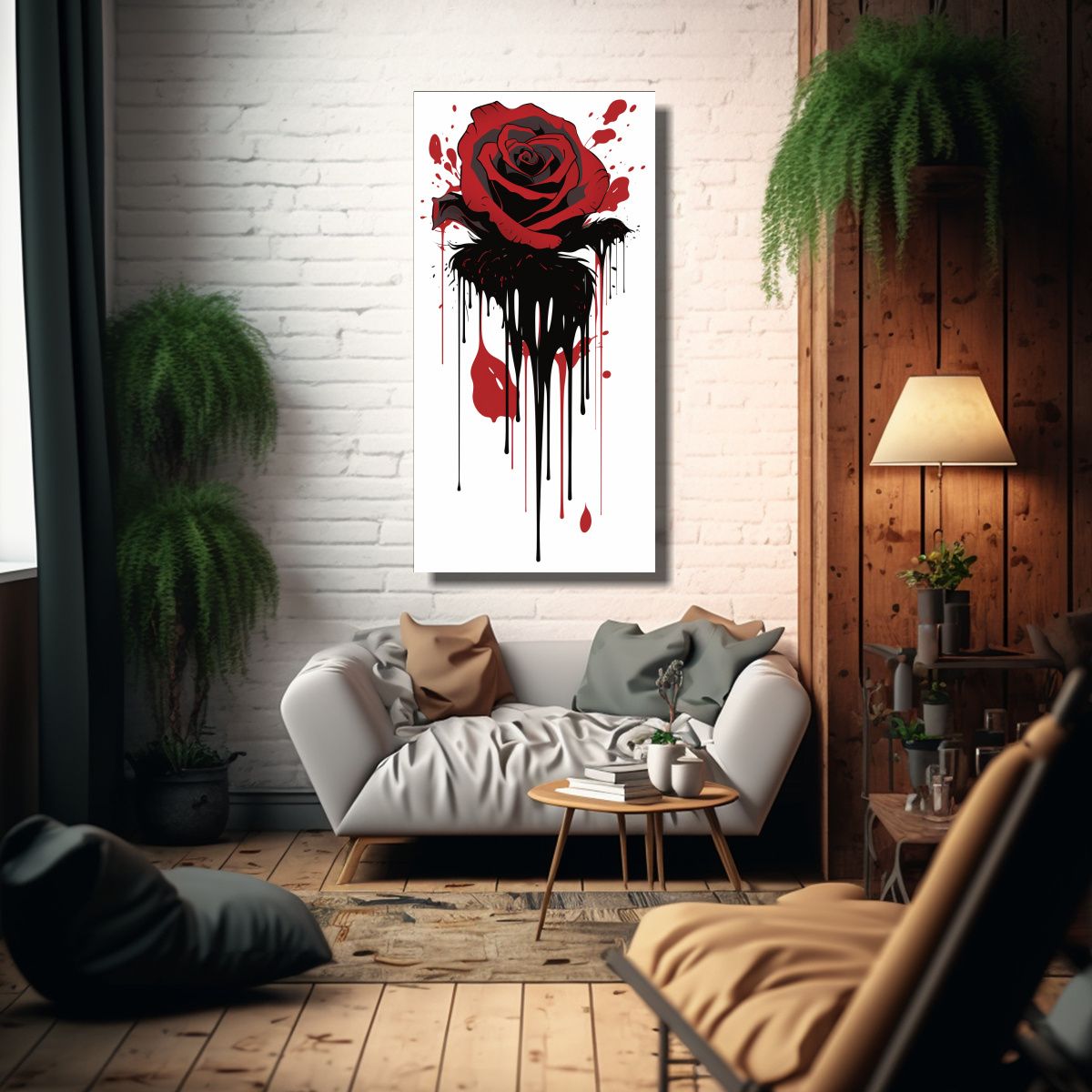 GENERICO - Cuadro Moderno Ambiente Con Rosa Sangrante Y 50x100 Cm