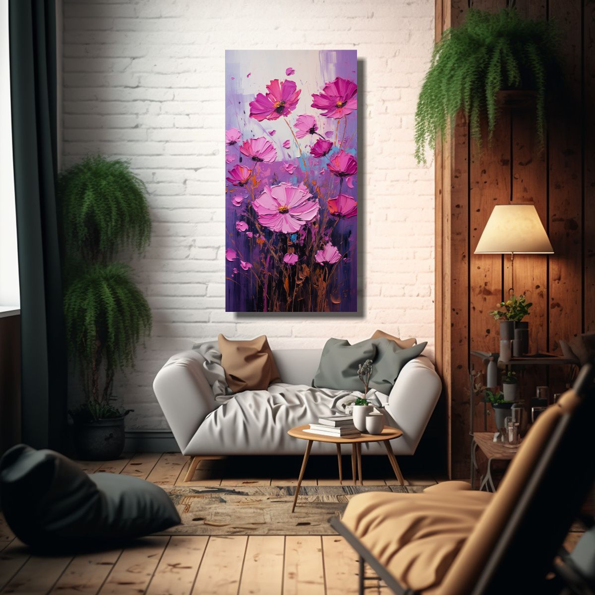 GENERICO - Cuadro Luminoso Flores Moradas Y Magenta En Tela 60x120 Cm