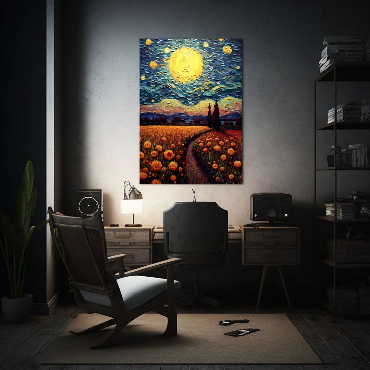 GENERICO - Paisaje Nocturno Girasoles Van Gogh Lienzo Alto 80x120 Cm