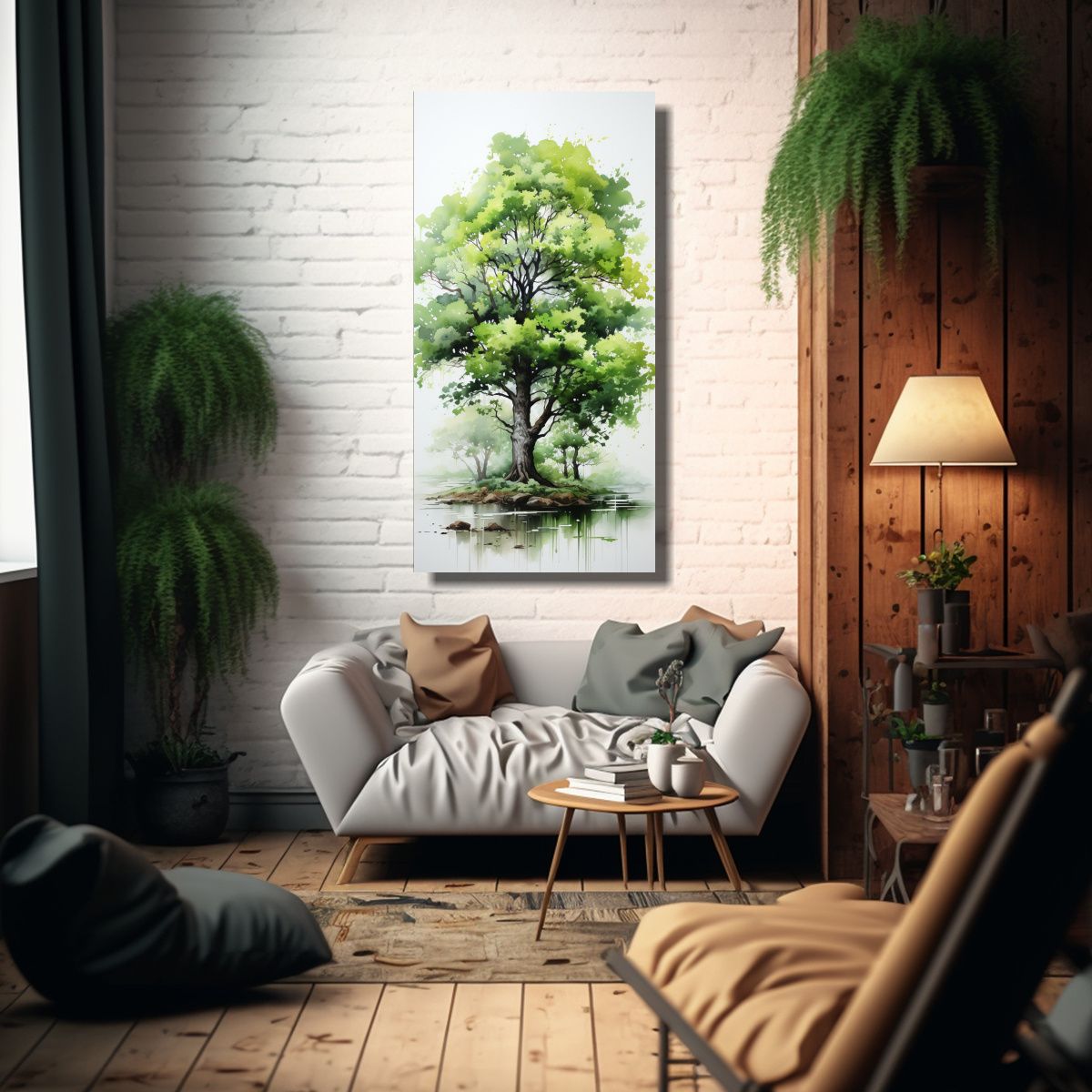 GENERICO - Pintura Abstracta De Colores Verdes Y árbol De 20x40 Cm