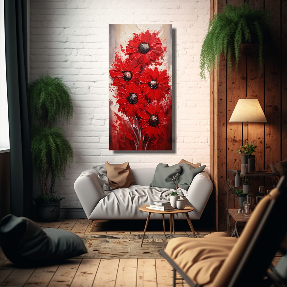 GENERICO - Pintura De Girasoles Temáticos Rojos En Lienzo 70x140 Cm