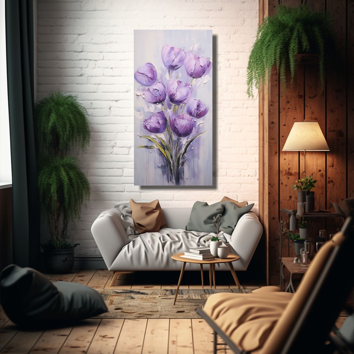GENERICO - Cuadro Pintado En Lienzo De Flores Moradas En El 40x80 Cm.