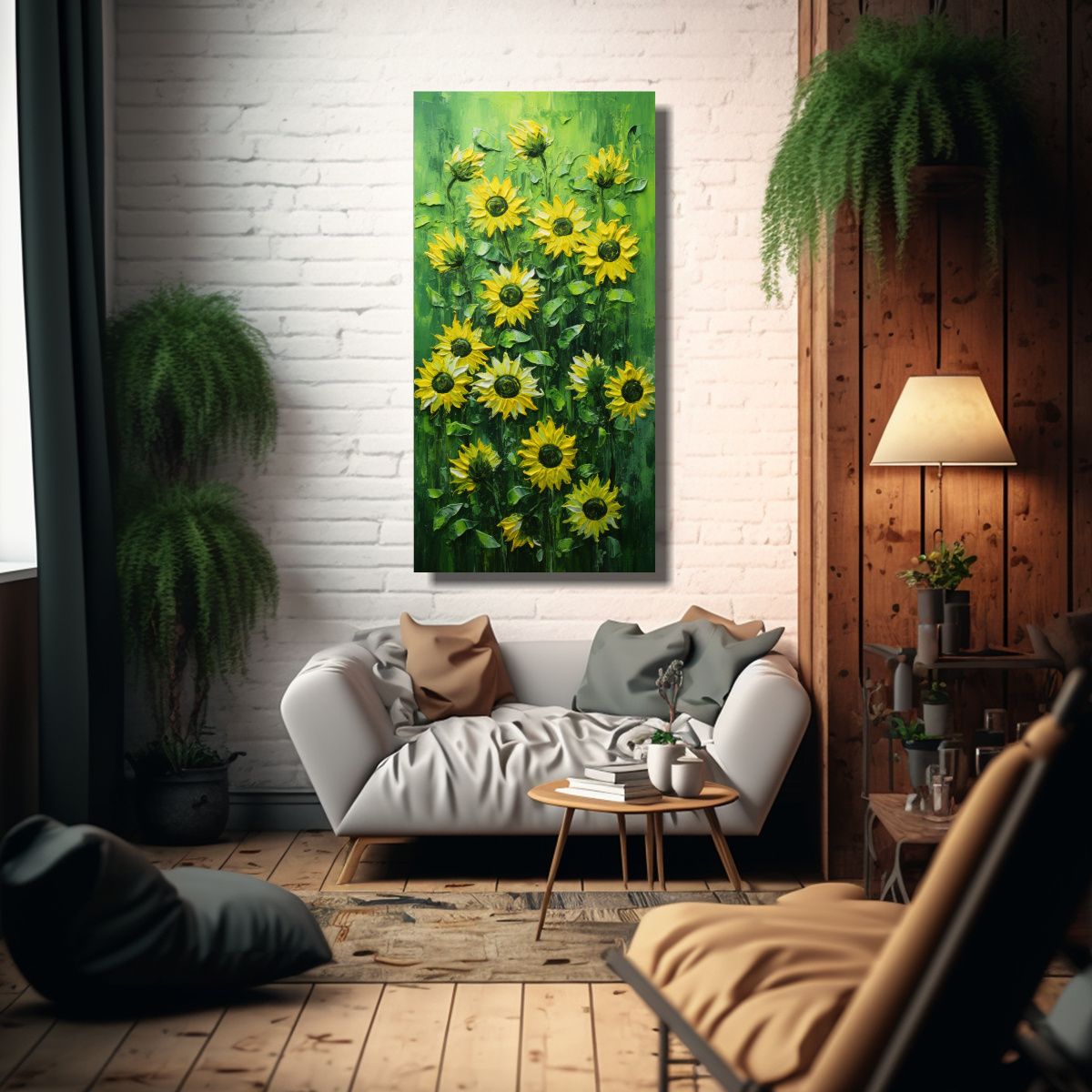 GENERICO - Intenso Arte Patron Verde Girasoles Pintura 30x60 Cm