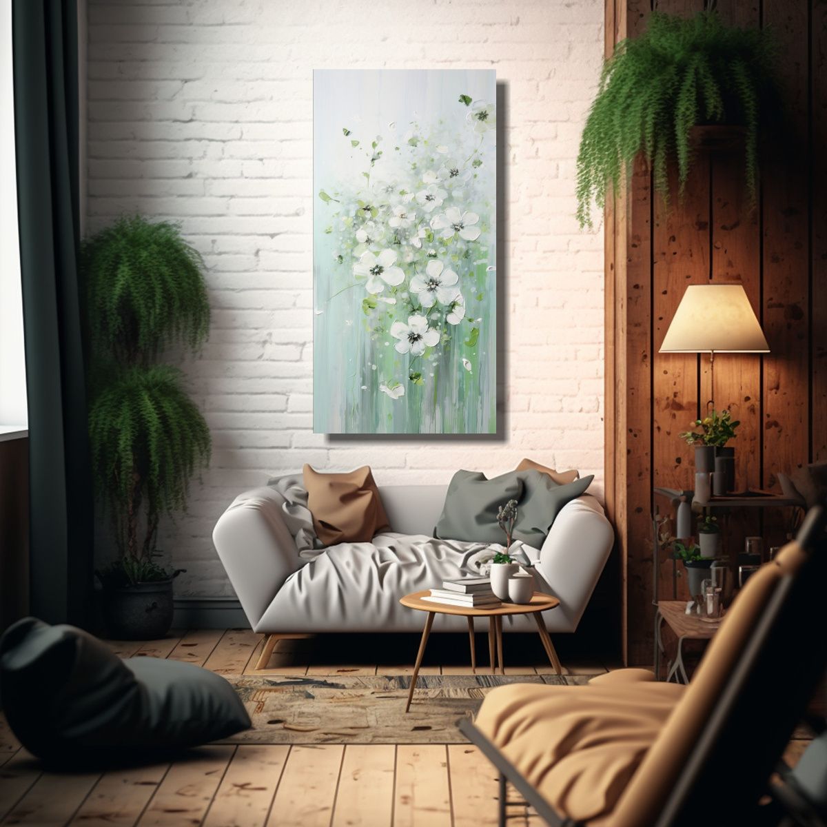 GENERICO - Cuadro Abstracto Blanco Con Líneas Finas 80x160 Cm