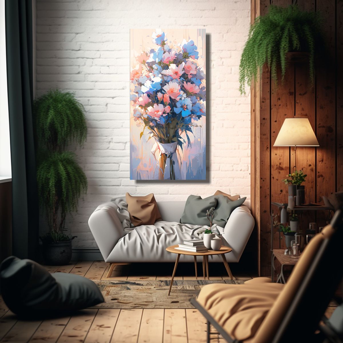 GENERICO - Cuadro De Flores En Lienzo En Tonos Rosa Y Azul 70x140 Cm