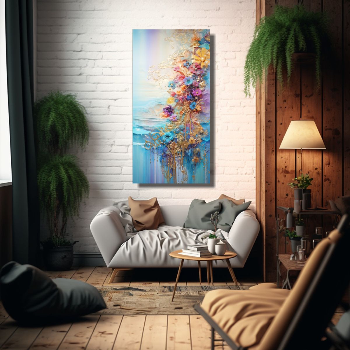 GENERICO - Cuadro Arcoíris Y Dorado En Estilo Temático 50x100 Cm