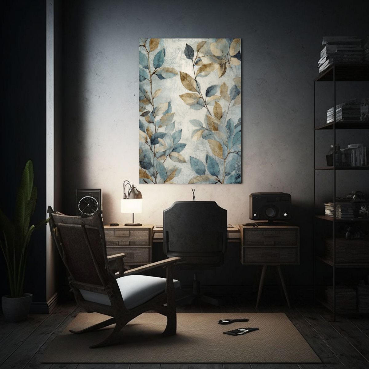 GENERICO - Cuadro Moderno De Hojas Rústicas En Tonos Gris 80x120 Cm.