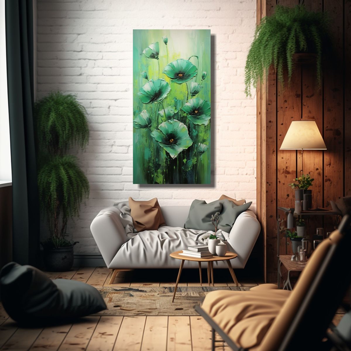 GENERICO - Cuadro Moderno De Calma Con Amapolas Verdes En 40x80 Cm