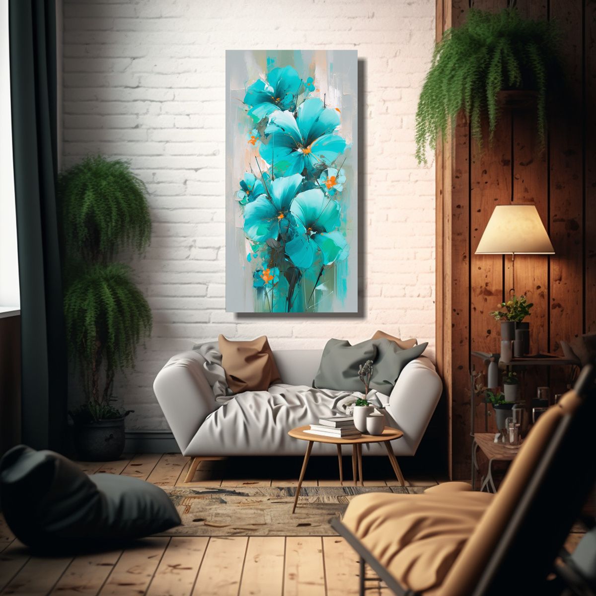 GENERICO - Pintura En Lienzo De Flores En Colores Turquesa 40x80 Cm