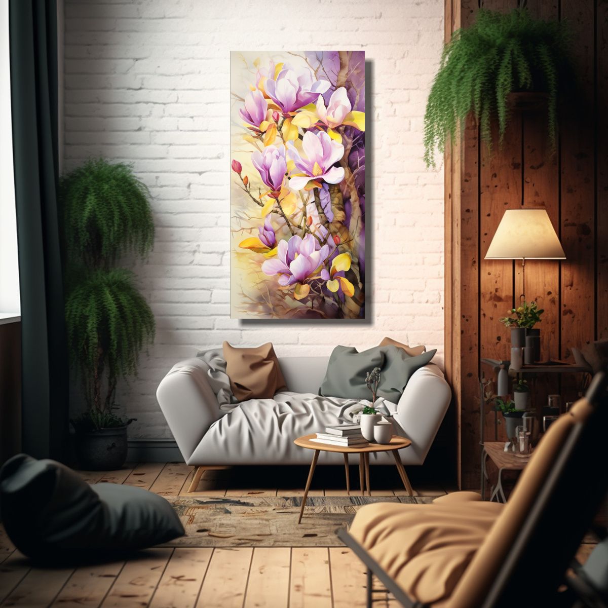 GENERICO - Cuadro Abstracto De Magnolias Amarillas Y Moradas 20x40 Cm