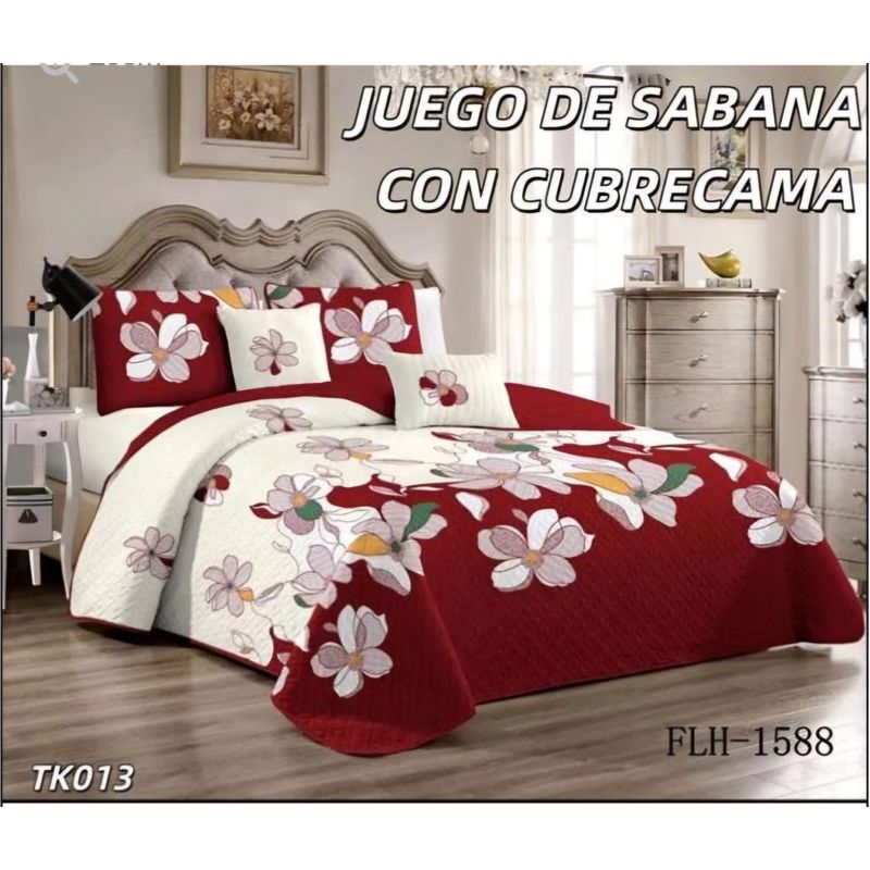 GENERICO - Quilt con Juego de Sabanas 2 plazas Burdeos TK013