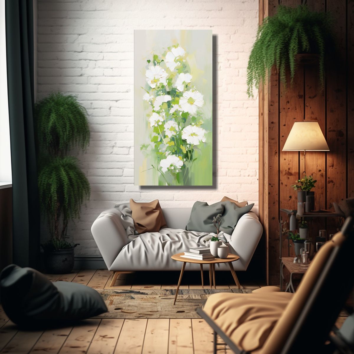 GENERICO - Pintura Vertical Escena Flores Verdes Y Blancas 80x160 Cm.