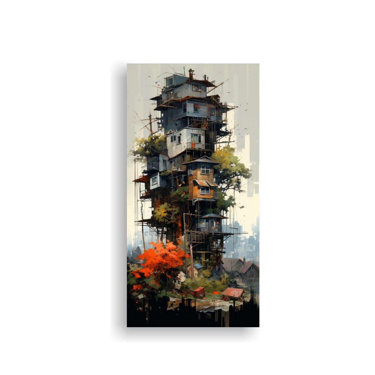 GENERICO - Paisaje Urbano Pintado Sobre árboles 70x140 Cm