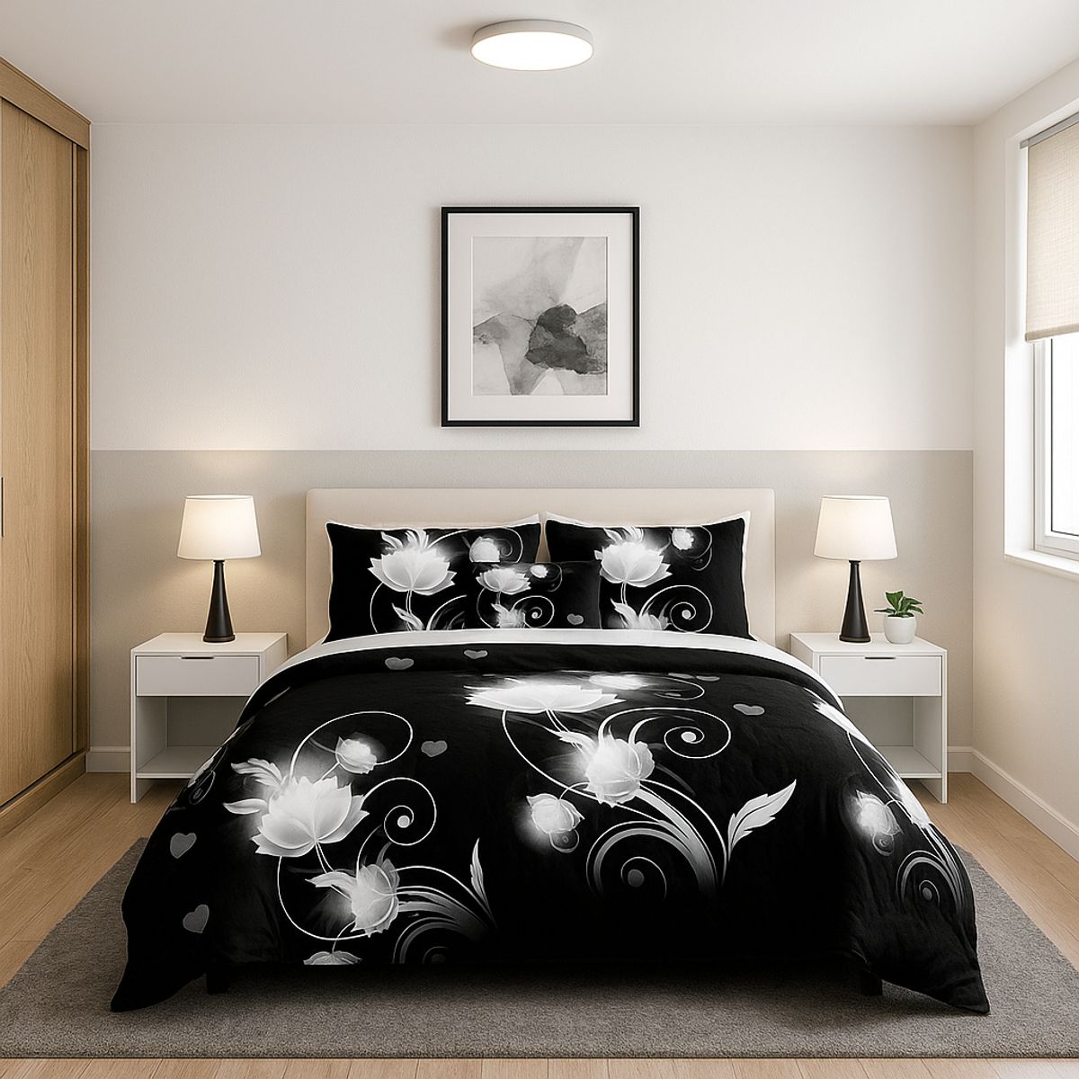 ARMONIA - Quilt 25 plazas estampado flores negras cubre cama king liviano 663