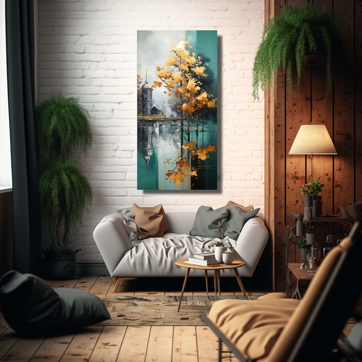 GENERICO - Cuadro Acuarela árboles Plateados Y Dorados Con 40x80 Cm.