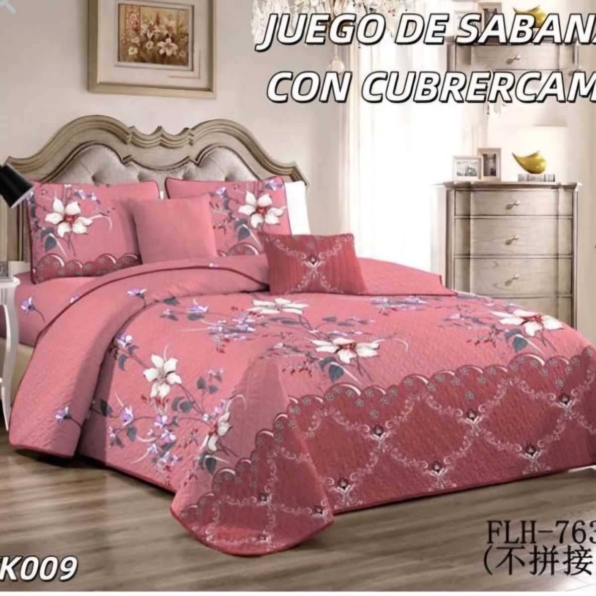 GENERICO - Quilt con Juego de Sabanas 2 plazas Rosado TK009