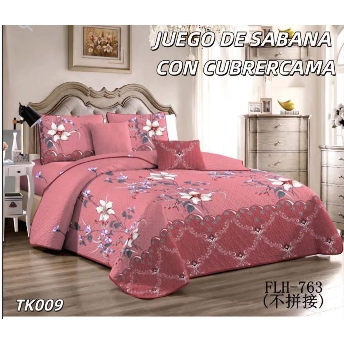 GENERICO - Quilt con Juego de Sabanas 2 plazas Rosado TK009