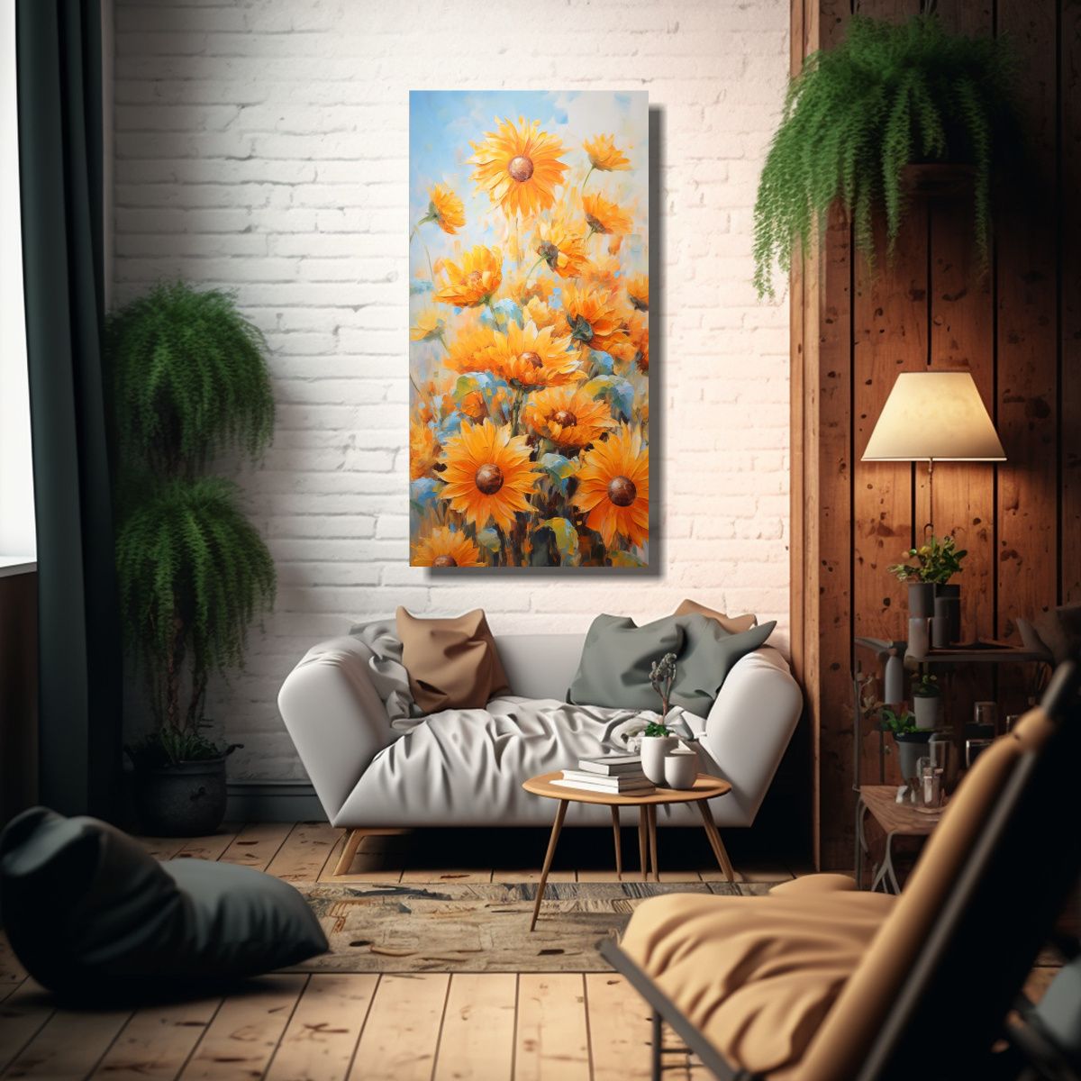 GENERICO - Pintura Conceptual De Girasoles Naranjas En 50x100 Cm