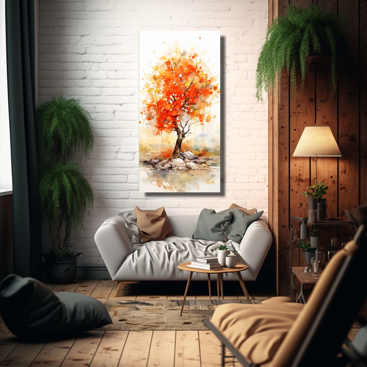 GENERICO - Pintura Abstracta De árbol Naranja Con Colores 30x60 Cm.