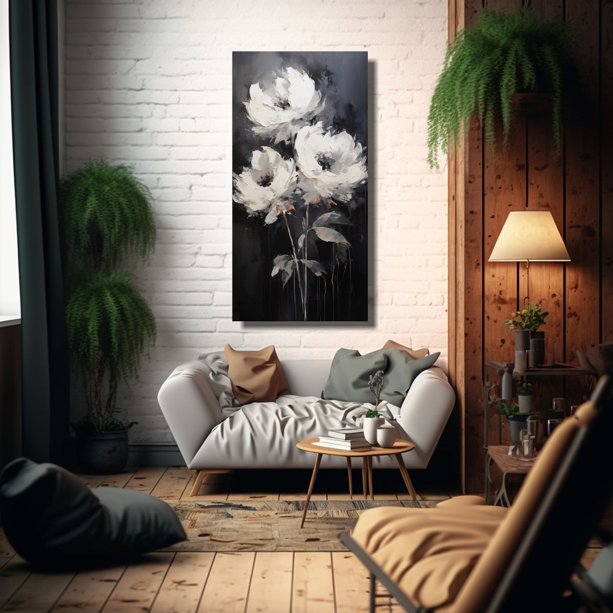 GENERICO - Cuadro Negro De Peonías En Lienzo Estilo 40x80 Cm