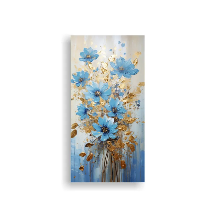 GENERICO - Cuadro De Pared Floral Dorado Y Azul En Lienzo 30x60 Cm