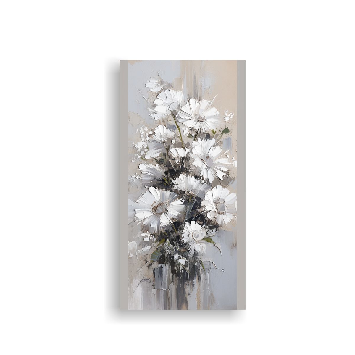 GENERICO - Pintura Lienzo Protagonismo Blanco Y Plata Flores 50x100 Cm